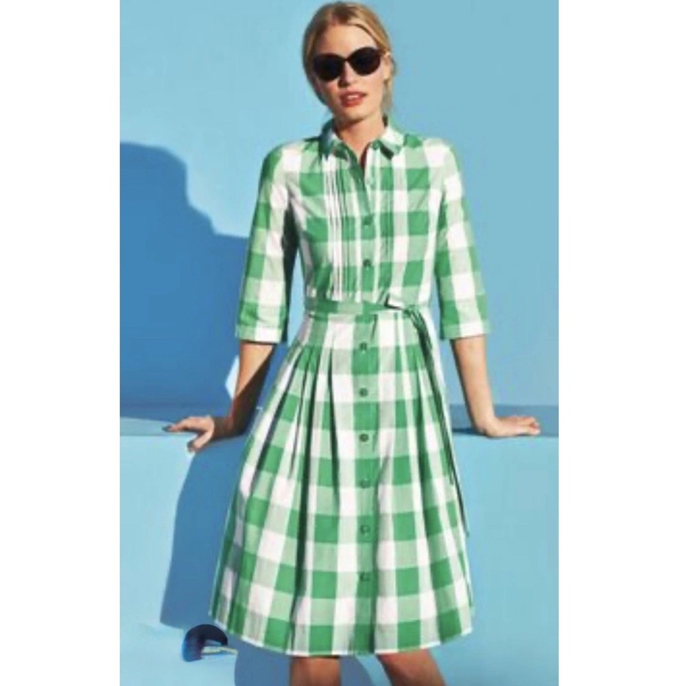 Boden Shirt Dress Womens 8 Green Gingham Pintuck Pleated Belted Cotton Preppy - Picture 2 of 11